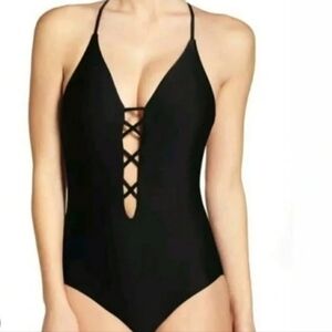 NWT Becca Rebecca By Virtue Womens Criss Cross Lattice One Piece Black Swim sz M